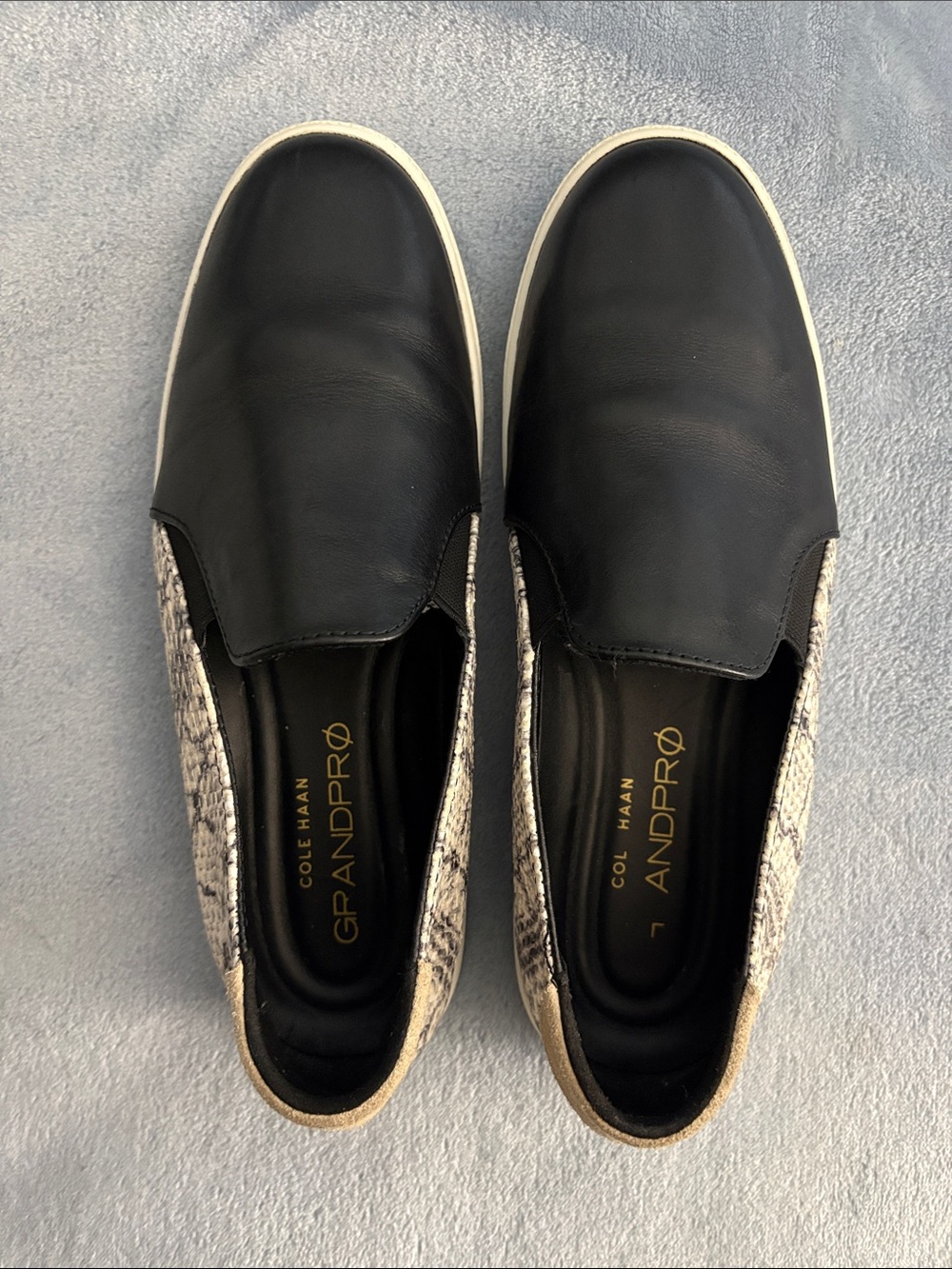 Cole Haan Grandpro Spectator Black Leather Slip-On Sneakers Snake-Print Sides
